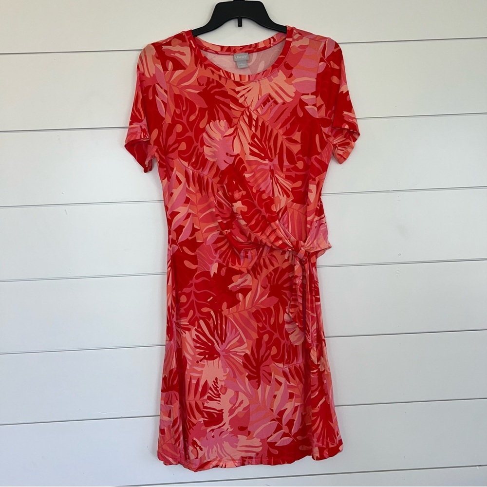 Chico's Red and Pink Tropical Print Short Sleeve Wrap Dress